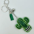 Portachiavi a forma di cactus con strass verdi, nappa in pelle e campanellino d'argento - Verde Scuro