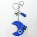 Evil eye moon keychain with blue rhinestones, leather tassel and small silver bell - Royal Blue
