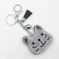 Sparkling cartoon cat keychain with white rhinestones, silver bell and black leather tassel - Black With White Rhinestone