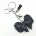 Sparkling black rhinestone bowtie keychain with silver metal lobster clasp and leather tassel - Black