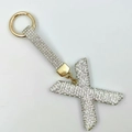 Detailed view of rhinestone letter X keychain with sparkling crystals and gold metal ring - Style X