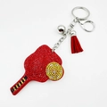 Llavero de raqueta de cricket con diamantes rojos, borla roja y campana plateada - Rojo