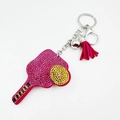 Pink rhinestone cricket bat keychain with suede tassel and silver lobster clasp - Rose Red
