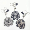 Trois porte-clés chien en cristal noir, gris et blanc avec glands bleu marine - Couleur personnalisable