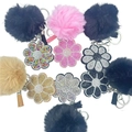 Floral rhinestone keychain with fluffy faux fur pompom and leather tassel accessory - Customizable Color