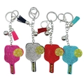 Sparkling rhinestone pickleball racket keychain set in pink, white, red, and blue colors - Customizable Color