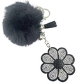 Plush black pompom keychain with rhinestone flower pendant and leather tassel for handbags - White