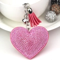 Llavero corazón con diamantes rosa con borla de cuero y colgante de campana plata - Plata + Rosa