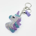 Cute cartoon unicorn rhinestone keychain with purple leather base and crystal tassel - AB Purple