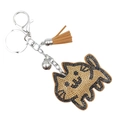 Cartoon cat rhinestone keychain with gold and black crystals and brown leather tassel - Khaki