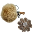 Khaki fluffy faux fur ball keychain with rhinestone flower pendant and leather tassel charm - Caramel color