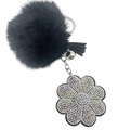 Plush floral keychain with large black fur ball and sparkling rhinestone flower pendant - AB Color