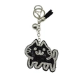 Cute black cat keychain with sparkling white rhinestones and a black leather tassel - Black