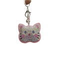 Pink rhinestone cat keychain with silver bell and glittery crystal cat face pendant - AB Color