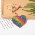 Rainbow gradient rhinestone heart keychain with pink leather tassel and gold ring - Gold Tone + Pink Base Rainbow Color