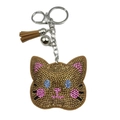 Sparkling cat-shaped rhinestone keychain with tassel and bell in pink and blue colors - Dark Khaki