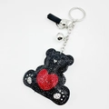 Black rhinestone cartoon bear keychain with a red heart, bell and fringe tassel - Black