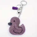 Detail of purple rhinestone duck keychain with sparkling crystals and silk tassel - Deep purple
