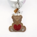 Sparkling gold teddy bear keychain with red rhinestone heart and brown leather tassel - Dark Khaki