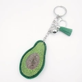 Porte-clés avocat en strass brillants avec gland vert et anneau en métal argenté - vert clair