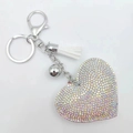 DIY heart-shaped keychain with AB crystals, silver metal chain and white tassel detail - Silver + AB Rhinestone