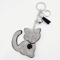 Met kristallen bezette katten-sleutelhanger met strass-steentjes en zwarte leren kwast - Wit