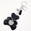 Sparkling black rhinestone bear keychain with heart pattern and elegant leather tassel - Black