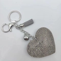 Sparkling crystal heart keychain with silver metal clip and grey leather tassel - Silver + Grey Base Grey Rhinestone