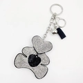 Sparkling rhinestone teddy bear keychain with black leather tassel and silver metal ring - White