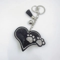 Sparkling black heart keychain with rhinestone paw print, silver tassel and metal ring - Black
