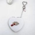 White heart keychain mirror with rhinestone lips, lipstick design, and clover charm - White