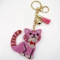 Pink velvet cat keychain with sparkling crystal rhinestones and leather tassel pendant - Pink 2