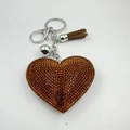 Sparkling orange crystal heart keychain with brown leather tassel and silver lobster clasp - Brown