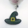 Detail of green rhinestone wizard hat keychain with yellow square buckle and silver chain - Green