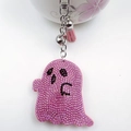 Porte-clés fantôme rose brillant avec strass clochette argentée et gland en cuir - Rose