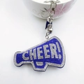 Close-up of cheerleader megaphone keychain with blue rhinestones and cheer lettering - White with Royal Blue