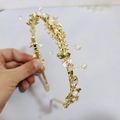 Detailed view of handmade golden flower headband with pearls and crystal leaves - Golden Floral Pearl Style (Main Image)