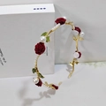 French retro rose and pearl headband with gold metal vines and red velvet flowers - Flocked Rose Style / Burgundy