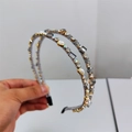 Elegant double-layer headband featuring grey crystals and white pearls for women - Gray