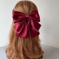 Elegante fermaglio per capelli a fiocco bordeaux in raso con cristalli e lunghi nastri - Stile in Satin con Strass (Rosso)