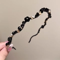 Elegant black beaded headband with floral accents and sparkling crystals for women - Black