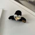 Pince à cheveux en velours noir avec un grand cœur en cristal AB et étiquette dorée - Petite pince