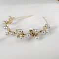 Elegante diadema de hojas de aleación dorada con perlas blancas de estilo barroco chic - Dorado