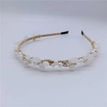 Elegant gold headband with white pearls, frosted leaves and crystals for women - White