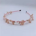 Pink fabric beaded headband with peach leaf crystals and white pearls for women - Pink