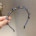 Serre-tête élégant en cristal avec strass bleus et détails dorés tenu à la main - Bleu