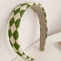 Green and white checkerboard wide fabric headband with sponge padding for women - Green