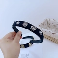 Baroque black velvet wide headband with vintage pearls and sparkling rhinestone clusters - Snowflake Style A