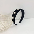 Close-up of velvet headband with white faux pearls and sparkling crystal rhinestones - Round Snowflake Style