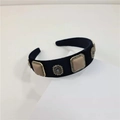 Detail of black velvet headband with square beige gems and rhinestones decoration - Milk Tea